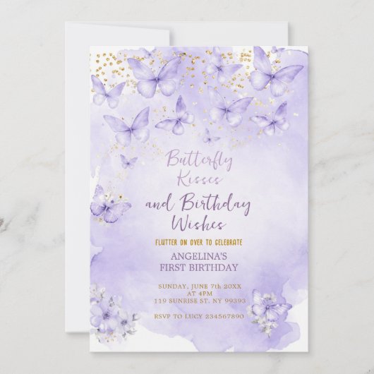 Lavender Butterfly First Birthday Invitation Kaart (Voorkant)