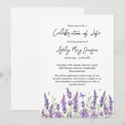 Lavender Celebration of Life Funeral Invitation Kaart (Voorkant / Achterkant)