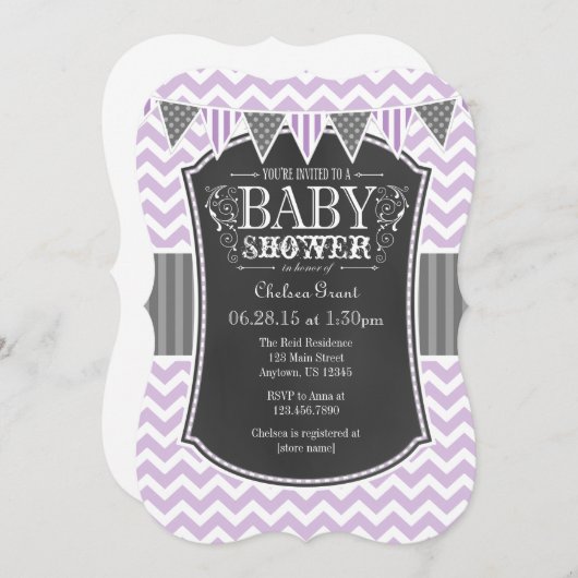 Lavender Chalkboard Chevron Baby shower Invite Kaart (Voorkant / Achterkant)