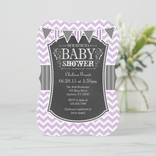 Lavender Chalkboard Chevron Baby shower Invite Kaart (Staand voorkant)