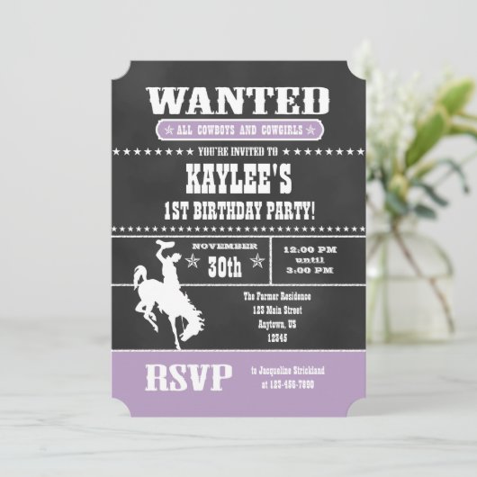 Lavender Chalkboard Cowboy Birthday Uitnodiging (Staand voorkant)