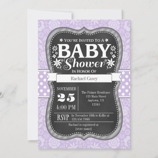 Lavender Chalkboard Floral Baby shower Invite Kaart (Voorkant)