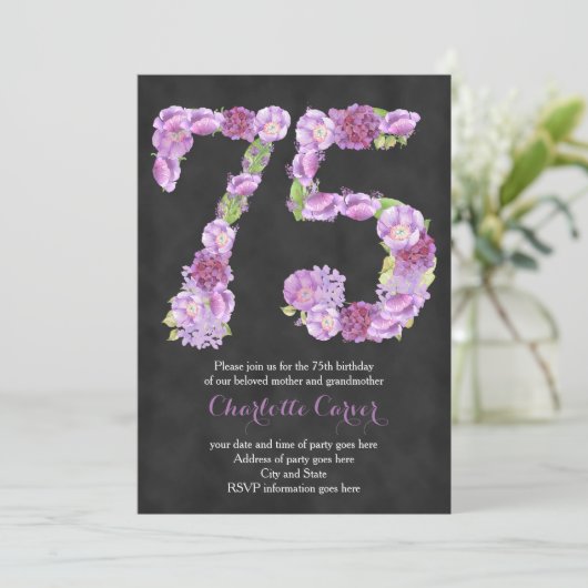 Lavender chalkboard uitnodiging voor 75e verjaarda (Staand voorkant)