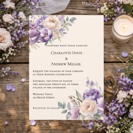 Lavender champagne cream floral wedding kaart