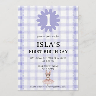 Lavender Check Bunny Ballerina Birthday Invitation Kaart