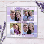 Lavender Checkered Photo Save the Date Magnet<br><div class="desc">Sparen de magneet van de Datum met uw eigen 4 foto's die door een geraken lila en lavender gekleurde achtergrond worden opgesteld.</div>