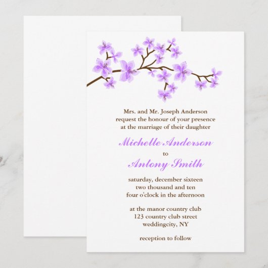 Lavender Cherry Blossom Wedding Kaart (Voorkant / Achterkant)