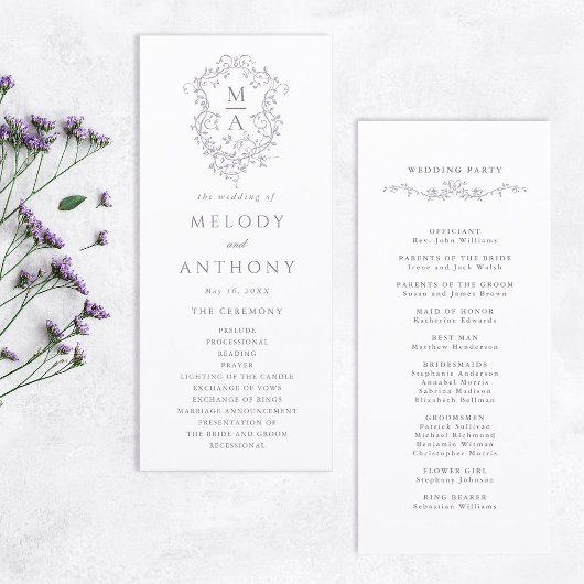 Lavender Classic Floral Crest Wedding Ceremony Programmakaart
