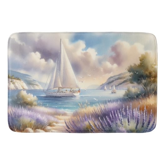 Lavender Coast Sailboat Waterverf Scene Badmat (Voorkant)