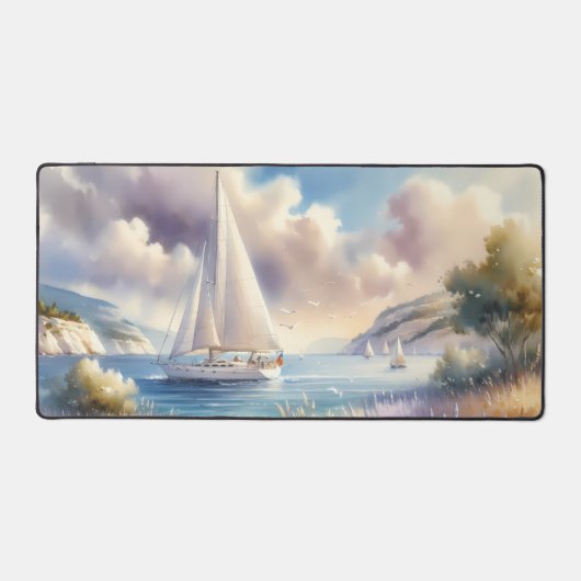 Lavender Coast Sailboat Waterverf Scene Bureaumat (Voorkant)