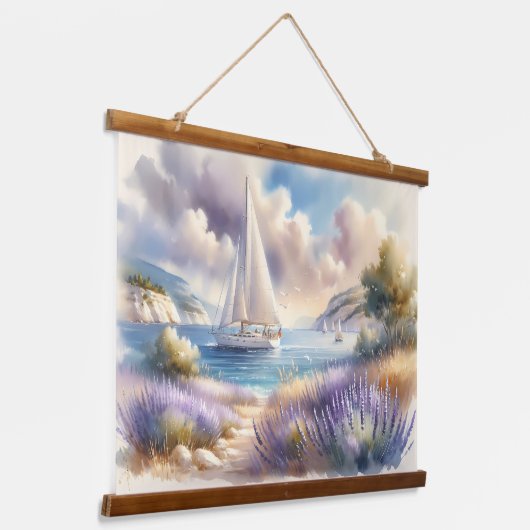 Lavender Coast Sailboat Waterverf Scene Hangend Wandkleed (Gebogen)