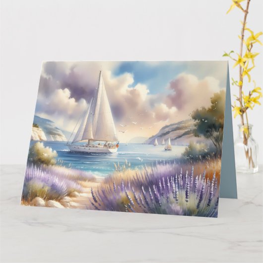 Lavender Coast Sailboat Waterverf Scene Kaart (Gele Bloem)