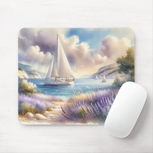 Lavender Coast Sailboat Waterverf Scene Muismat (Met muis)
