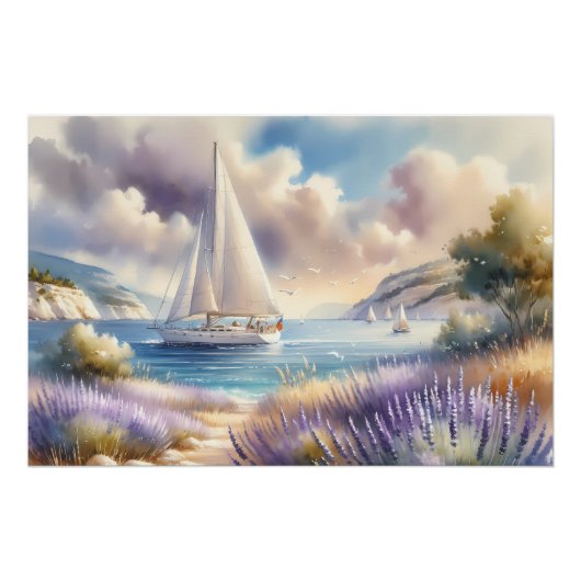 Lavender Coast Sailboat Waterverf Scene Perfect Poster (Voorkant)
