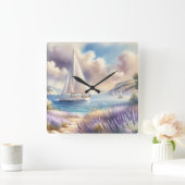 Lavender Coast Sailboat Waterverf Scene Vierkante Klok (Huis)