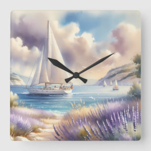 Lavender Coast Sailboat Waterverf Scene Vierkante Klok