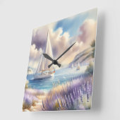 Lavender Coast Sailboat Waterverf Scene Vierkante Klok (Hoek)
