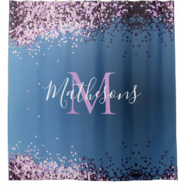 Lavender Confetti op Blue Monogram Name Douchegordijn