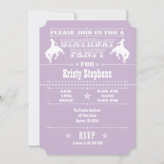 Lavender Cowboy Rodeo Birthday Party Invitation Kaart (Voorkant)
