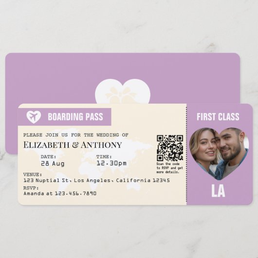 Lavender & Cream Boarding Pass Wedding Kaart (Voorkant / Achterkant)