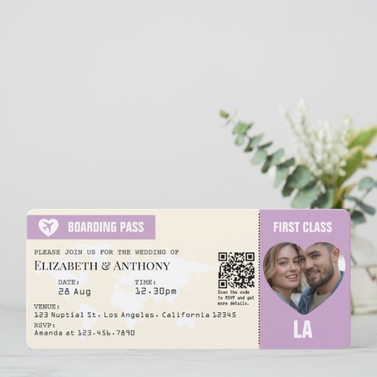 Lavender & Cream Boarding Pass Wedding Kaart (Staand voorkant)