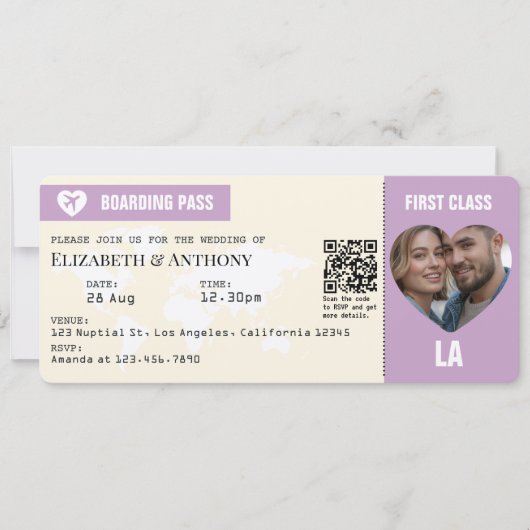 Lavender & Cream Boarding Pass Wedding Kaart (Voorkant)