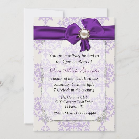 Lavender & Cream Damask Quinceañera Uitnodiging (Voorkant)