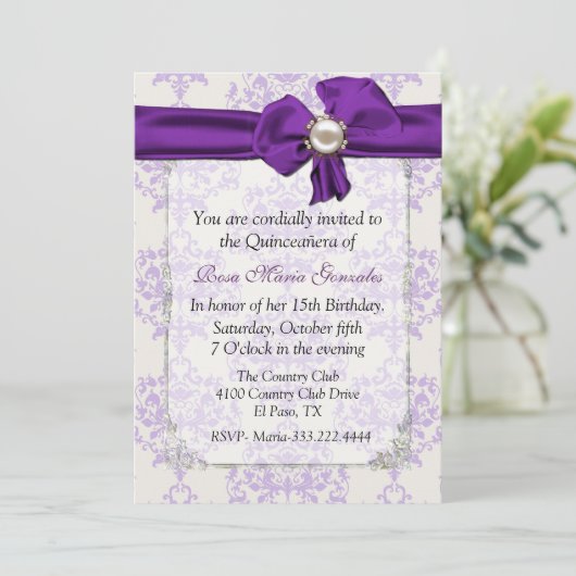 Lavender & Cream Damask Quinceañera Uitnodiging (Staand voorkant)