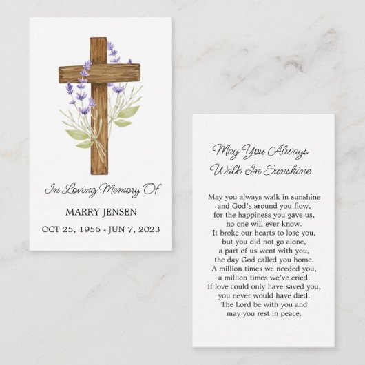 Lavender Cross Memorial Funeral Prayer Card Visitekaartje (Voorkant / Achterkant)