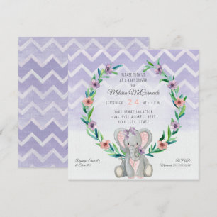 Lavender Cute Baby Elephant Wreath Floral Chevron Kaart