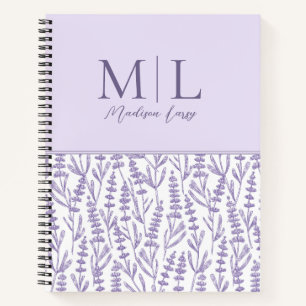 Lavender Cute Floral Monogram Persoonlijke naam Notitieboek