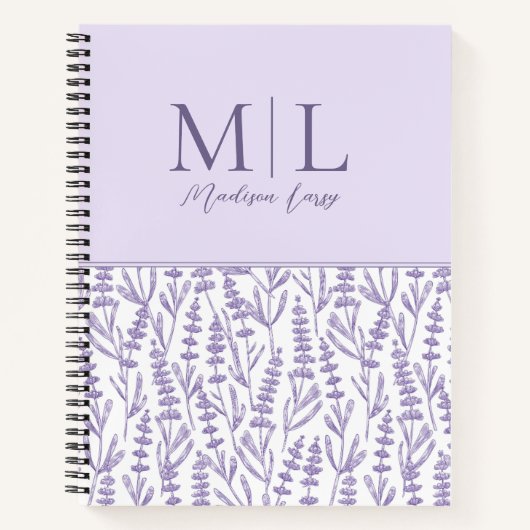 Lavender Cute Floral Monogram Persoonlijke naam Notitieboek (Voorkant)