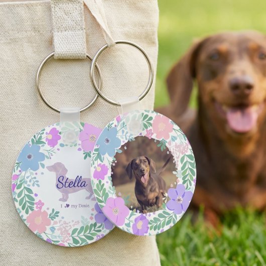 Lavender Dachshund Custom Photo & Name - Floral  Sleutelhanger