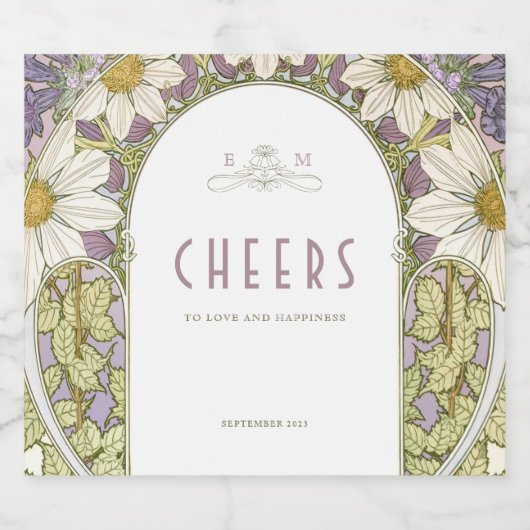 Lavender Daisies  Art Nouveau Mucha Sparkling Wijnetiket (Enkel label)