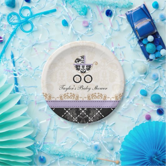 Lavender Damask Carriage Baby shower Papieren Bordje (Feest)