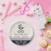Lavender Damask Carriage Baby shower Papieren Bordje (Feest)