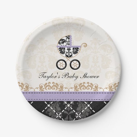 Lavender Damask Carriage Baby shower Papieren Bordje (Voorkant)