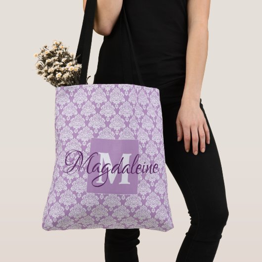  Lavender Damask Feminine Monogram & Naam Tote Bag (Dichtbij)