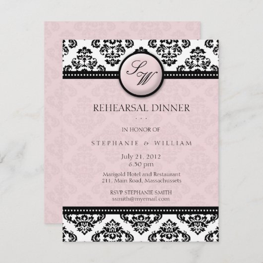 Lavender Damask Monogram Rehearsal Dinner Kaart (Voorkant / Achterkant)