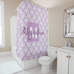 Lavender Damask Monogrammed Shower Curtain met naa Douchegordijn