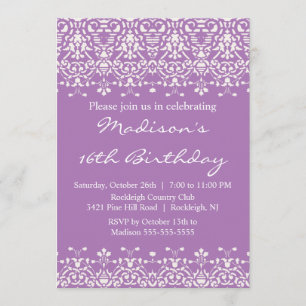Lavender Damask Sweet Sixteen Birthday Uitnodiging