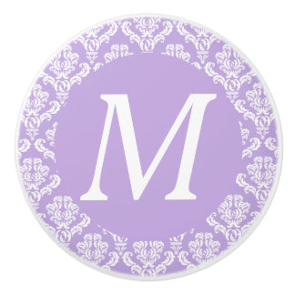 Lavender Damask White Monogram Knob Keramische Knop