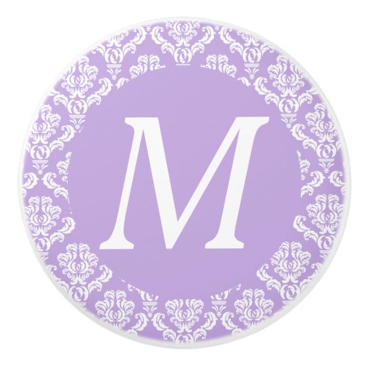 Lavender Damask White Monogram Knob Keramische Knop (Voorkant)