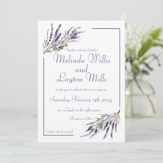 Lavender Dreams: Uitnodiging tot Waterverf bruilof (Staand voorkant)
