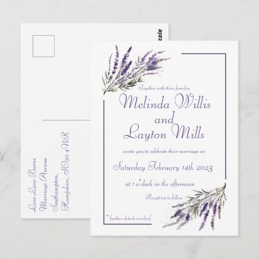 Lavender Dreams: Waterverf bruiloft Briefkaart (Voorkant / Achterkant)