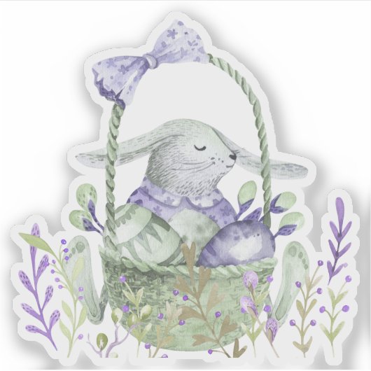 Lavender Easter Bunny, Eieren en mandje Sticker (Voorkant)