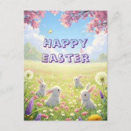 Lavender Easter Cute White Bunny Floral Spring  Feestdagenkaart