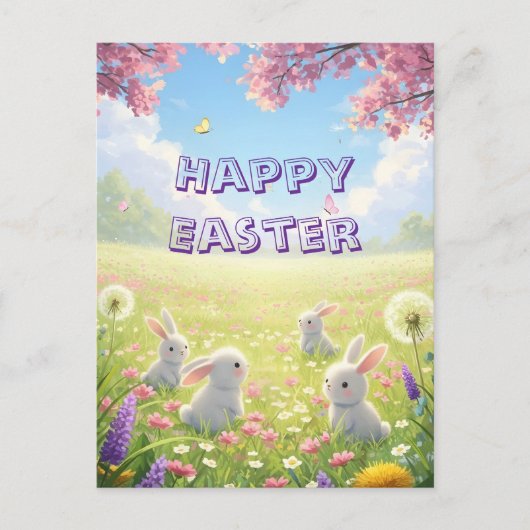 Lavender Easter Cute White Bunny Floral Spring  Feestdagenkaart (Voorkant)