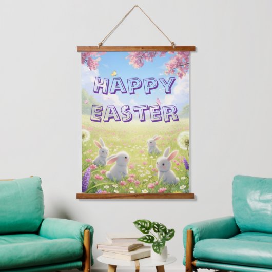 Lavender Easter Cute White Bunny Floral Spring Hangend Wandkleed (Woonkamer)