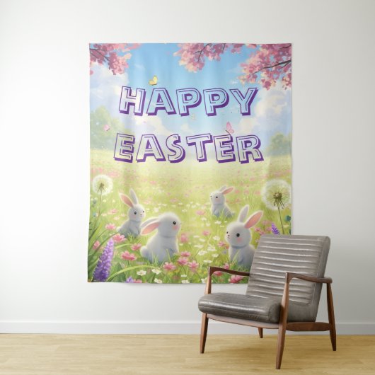 Lavender Easter Cute White Bunny Floral Spring Wandkleed (In situ)